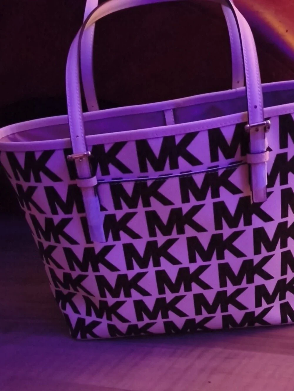 Michael Kors White and Brown MK Signature Stripe Tote